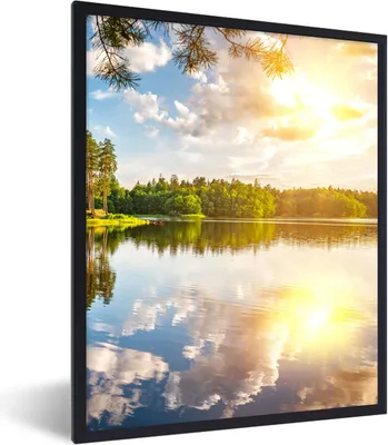 Produktbild von MuchoWow® Gerahmtes Poster Bäume - Wasser - Sonne 60x80 cm - Poster mit Schwarzem Bilderrahmen Wandposter Rahmen Foto Bilder - Premium - Wanddeko Wohnzimmer