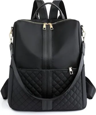 Produktbild von INF Stilvoller schwarzer Nylon Rucksack für Damen - Koreanischer Stil, Multi-Pocket Design