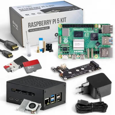 Produktbild von Raspberry Pi 5 8GB PCIe M.2 NVMe - Set | Metallgehäuse | Active Cooler | M.2 NVMe SSD PCIe Board | Offizielles USB-C 27W Netzteil | 64GB Edition | 4K