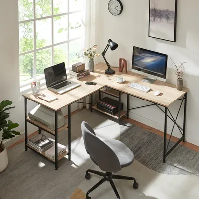 Produktbild von Schreibtisch 'Klirurud' mit 2 Regalen L-förmig 150x150x75 cm Eicheoptik