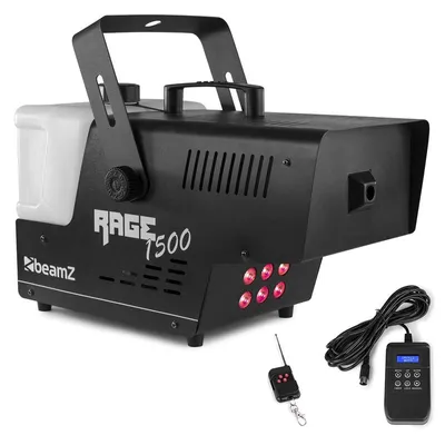 Immagine prodotto di BeamZ Rage 1500 Macchina del fumo a LED, 1500 Watt, 6 x 9 W LED RGB 3 in 1, emissione di fumo: 350 m³/min, serbatoio del fluido da 3,5 l con illuminazione a LED, controllo DMX a 6 canali, controller con timer, nero