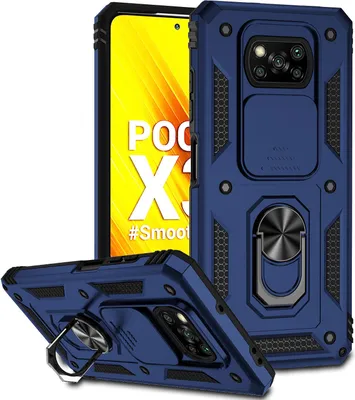Immagine prodotto di Xiaomi Poco X3 NFC / X3 Pro custodia a doppio strato con copertura scorrevole della fotocamera e supporto ad anello blu