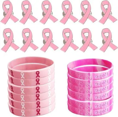 Immagine prodotto di Set di braccialetti per la sensibilizzazione sul cancro al seno - 24 pezzi, nastri e spille rosa