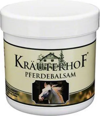 A product shot of a tub of Kräuterhof Pferdebalsam.