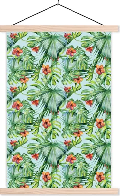 Produktbild von MuchoWow® Textilposter Blumen - Muster - Monstera 40x60 cm mit holzfarbenen Rahmen - Poster