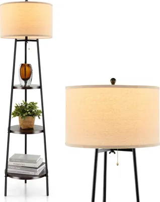 Zdjęcie produktu dla COSTWAY lampa podłogowa 3 drewniane półki z możliwością obciążenia do 15kg, lampa podłogowa z lnianym abażurem, lampa podłogowa, lampa podłogowa 41x41x153cm