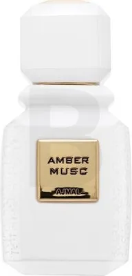 A white perfume bottle with a gold label.