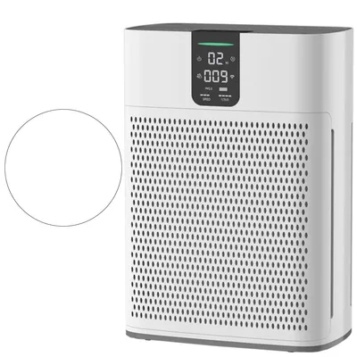 A white air purifier with a digital display is shown against a white background.
