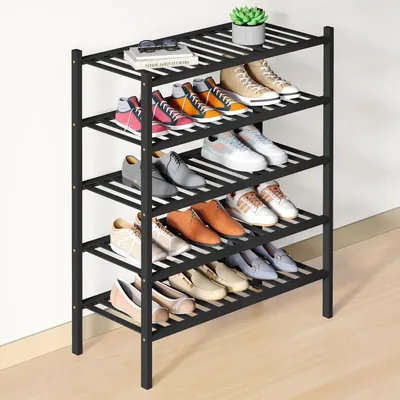 Image de Étagère à chaussures en bambou, 5 niveaux, noire, empilable, gain de place