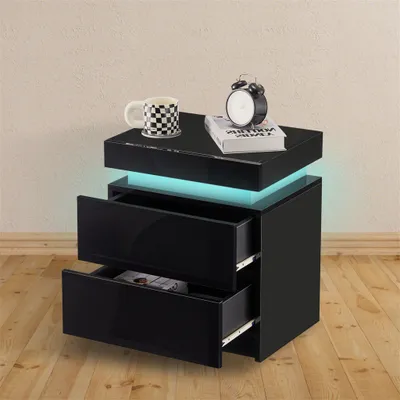 Image de Table de nuit CLIPOP avec LED RGB, 2 tiroirs, table d'appoint en bois pour chambre à coucher, noir