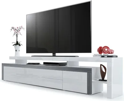 Produktbild von Vladon TV Board Lowboard Leon V3,  Germany, Korpus und Überbau in Weiß Hochglanz / Front in Weiß Hochglanz mit Rahmen in Avola-Anthrazit (227 x 52 x 35 cm)
