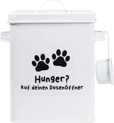 A white metal pet food storage tin with paw prints and text.