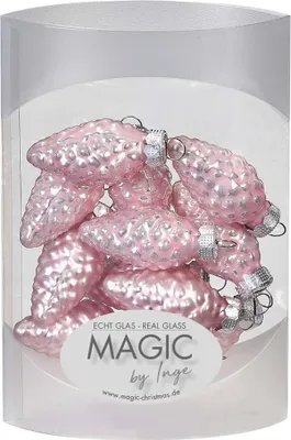 A clear plastic container holding a pile of pink, pinecone-shaped Christmas ornaments.