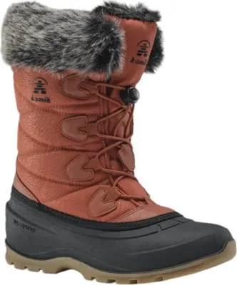 A single brown winter boot with black sole and gray fur trim.