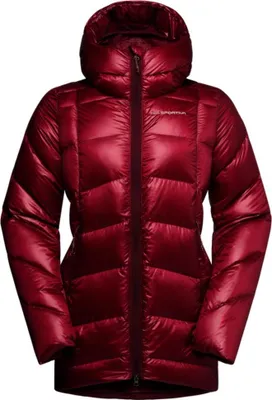 Dunkelrote Daunenjacke mit Kapuze und durchgehendem Reißverschluss von La Sportiva