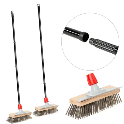 Produktbild von Novaliv 2x Robuster Drahtbürste mit Stiel – Stahlbesen mit 4-tlg Stiel, Effiziente Moosentfernung, Straßenbesen, für Pflastersteine & Garten, Stahlbesen, Mooskratzer, Pizzabesen, Pizzastein Bürste