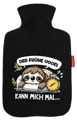 Produktbild von Huuraa Wärmflasche Der frühe Vogel kann mich mal Faultier 1,8 Liter Black Classic Veloursbezug Bettflasche Geschenkidee