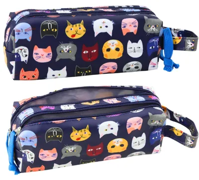 Obrázek produktu pro Školní penál Barevné kočky dvě kapsy tmavě modrá 22cm
