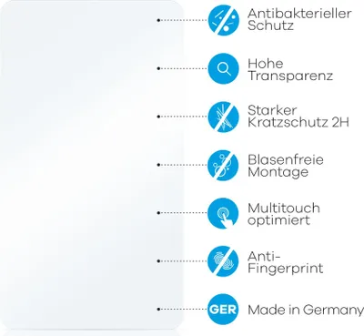 A list of features for a screen protector, presented with icons and text.