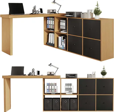 Imagen del producto de Mesa de esquina AIORBER, giratoria 360°, con diseño en forma de L o recto, fabricada en MDF, con tablero y patas reforzadas de 4 cm, con 4 cajones y 4 compartimentos, color /roble