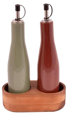 Öl- und Essigflaschen-Set aus Steinzeug mit Akazienhalter