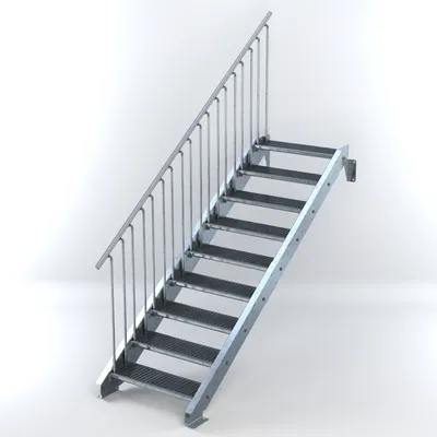 Produktbild von Stahltreppe 9 Stufen bis Höhe 180 cm, Laufbreite : 80 cm Geländer links ST 2 (31 / 31 mm gezackt)