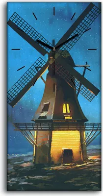 Produktbild von Wanduhr Uhr Wandbild Leinwand Quarz 30x60 Nacht Landschafts mit der Windmühle - schwarze Hände