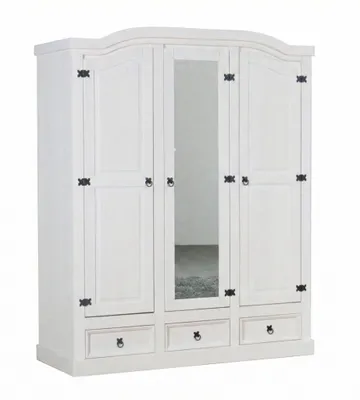Image de New Mexico Armoire 3 portes avec une porte miroir, 2 portes lambrissées et 3 tiroirs, en blanc ciré.