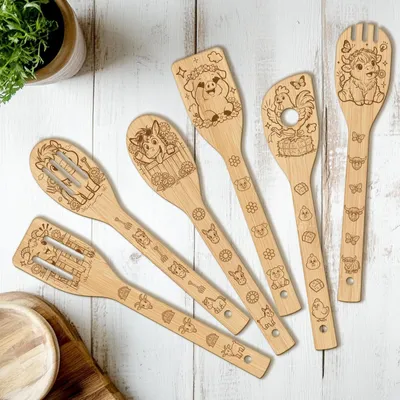 Immagine prodotto di Set di cucchiai di legno con simpatici animali da fattoria - 11" x 2.4"