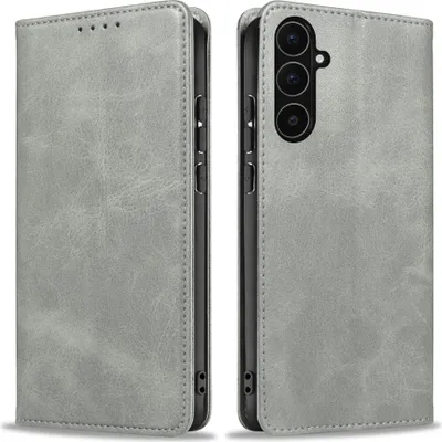 A product image showing a gray flip cover case for a Samsung Galaxy A56 5G, displayed from two angles.