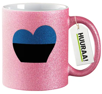 Produktbild von Huuraa Glitzertasse Estland Flagge Herz 330ml Pink Keramik Kaffeebecher Geschenkidee
