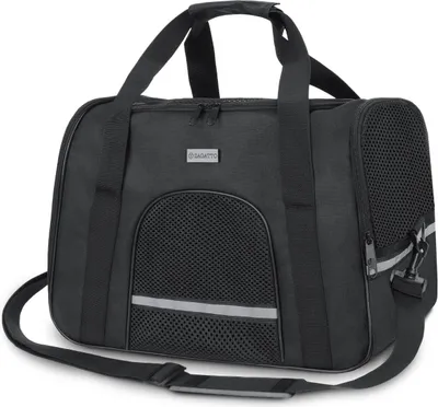 A black pet carrier bag is shown against a white background.