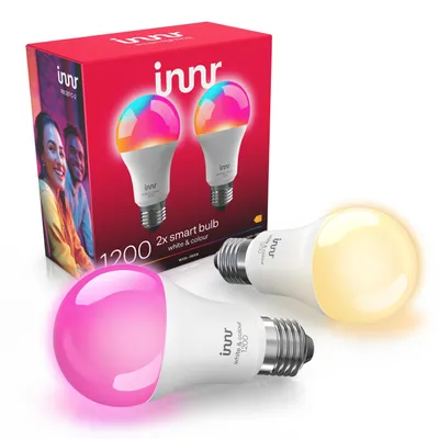 A product shot of two smart LED light bulbs and their packaging.