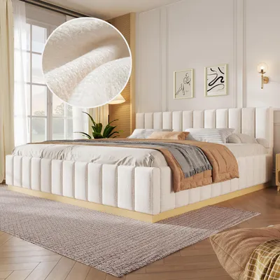 Produktbild von Flieks Polsterbett 180x200cm mit gepolstertem Kopfteil, Jugendbett Klassisches Bett mit Lattenrost, Doppelbett Holzbett Chenille, Beige