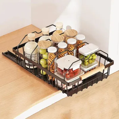 Image de Panier de rangement extensible pour cuisine - Organisateur de placard - Grille métallique de 28 x 39,5 x 9,8 cm - Montage sans perçage - Pour cuisine/garde-manger - Noir avec 4 barres