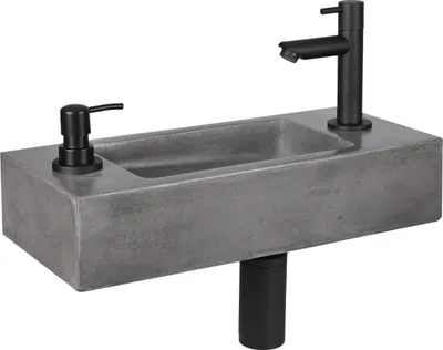 Produktbild von Differnz Jax Handwaschbecken-Set - Gäste-WC-Waschbecken mit Integriertem Seifenspender - Aus Beton in Dunkelgrau - Wasserhahn und Siphon in Schwarz Matt - Für Wandmontage - 42 x 18,5 x 9 cm