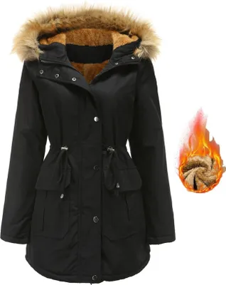 Produktbild von ASKSA Damen Wintermantel Winterjacke mit Fellkapuze Dicker Warm Winterparka Zipper Mantel Parka Winddicht Fleecejacke uebergangsjacke (Schwarz,M)