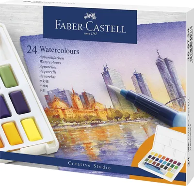 The image shows the front of a product box for Faber-Castell watercolours.