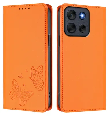 Produktbild von Lederhülle für Motorola Moto G56, Schmetterling Prägung Leder Brieftasche Schutzhülle mit Ständer Orange