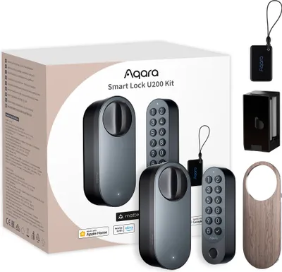 The image shows the packaging of the Aqara Smart Lock U200 Kit, along with some of the individual components of the kit.