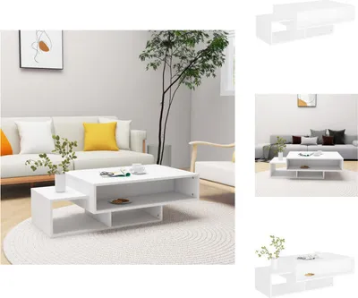 A white coffee table is shown in a living room setting with a sofa and a plant.