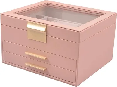 Image de Boîte à bijoux, en cuirPolyuréthaneécologique, avec fenêtre en verre transparent, idéal pour boucles d'oreilles, bagues, colliers et bracelets, rose