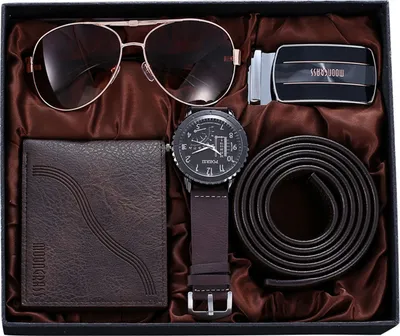 Produktbild von OKWISH Herren-Armbanduhr, Kunstleder, Quarz, analog, Gürtel, Sonnenbrille, Geschenkset, Geldbörse, Dunkelblau zum Valentinstag