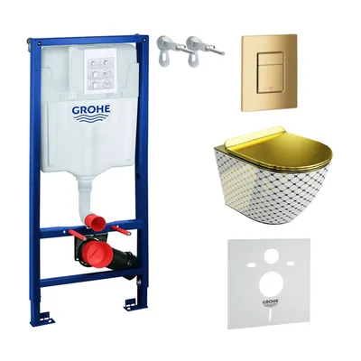 Produktbild von GROHE Vorwandelement Solido + Wand Hänge WC Sofi Slim Checked Gold/Weiß Spülrandlos + WC-Sitz SoftClose | Goldener Knopf | Komplettset | Unterputz Spülkasten |  Toilette Komplett Sett