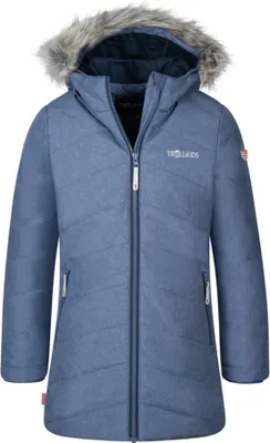 A blue winter jacket for girls with a fur-lined hood.