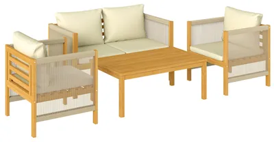 Produktbild von Gartenmöbel Set Holz Sitzgruppe für 4 Personen mit 2er Sofa 2 Sessel Tisch Seilflecht Lamellendesign waschbar Kissen