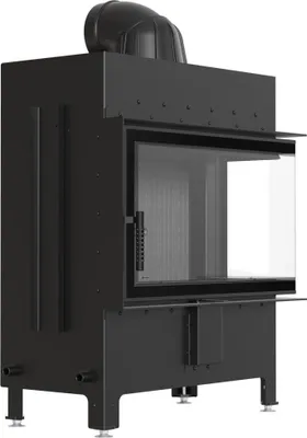 A black metal fireplace insert with a glass door and a chimney pipe on top, shown from a three-quarter angle against a white background.