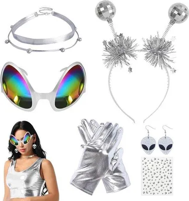 Produktbild von Frauen Alien-Kostüm mit 6 Accessoires, Haarband, Ohrringen, Sonnenbrille, Handschuhen und Glitzer- Aufklebern für Karneval und Maskenball