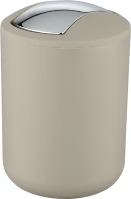 A taupe colored trash can with a silver flip-top lid.