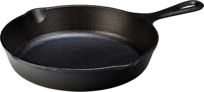 A black cast iron frying pan is shown from a slightly elevated side angle against a white background.